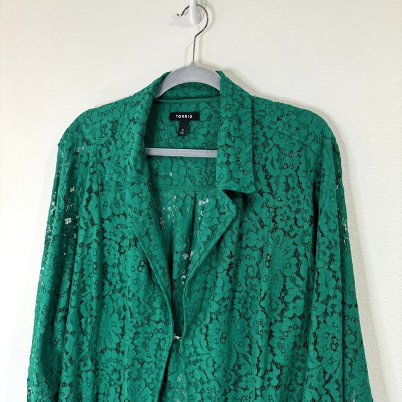 Torrid Floral Lace Trench Coat Duster Cardigan Size 4 / 4X Kelley Green Jacket - Picture 7 of 16
